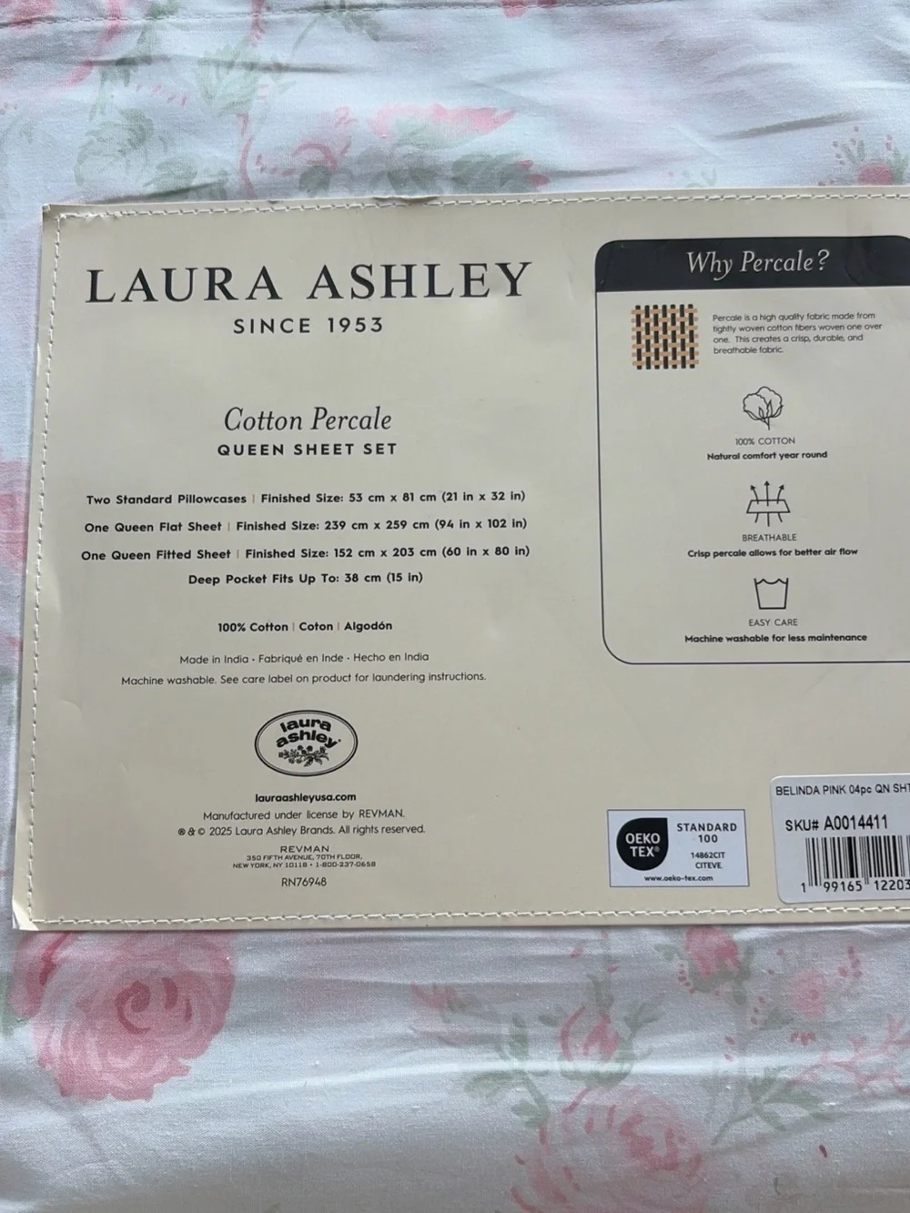 Laura Ashley Floral Cotton Percale Sheet Set in Pink and Green